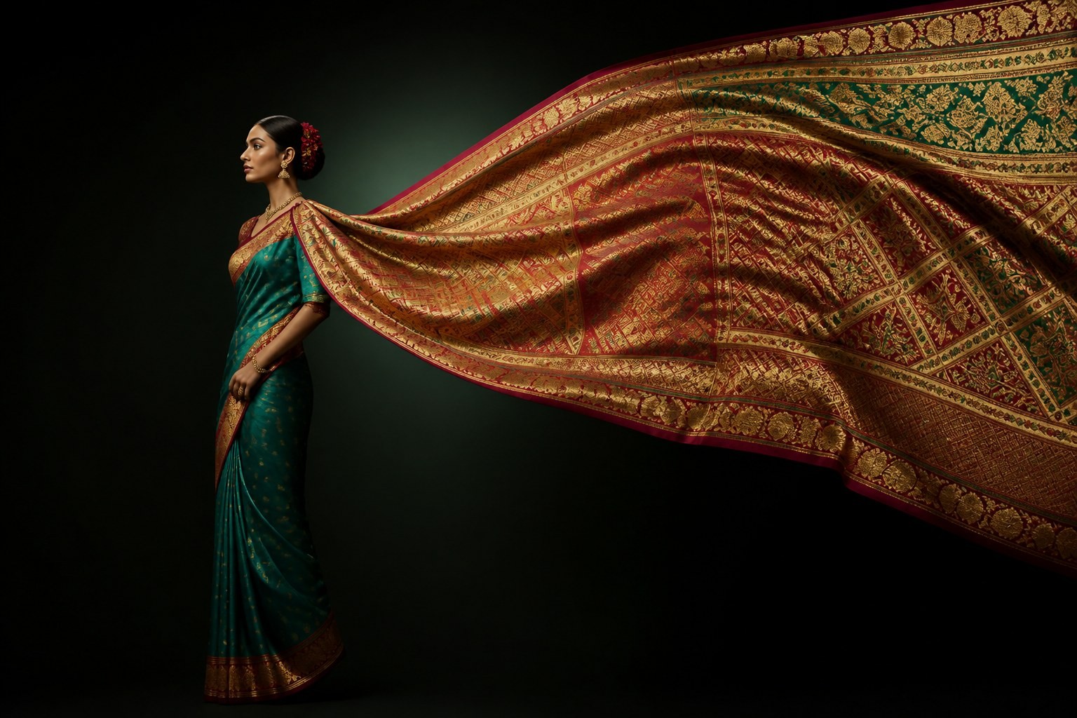 Woman in a teal Laxoras saree with a flying gold pallu
